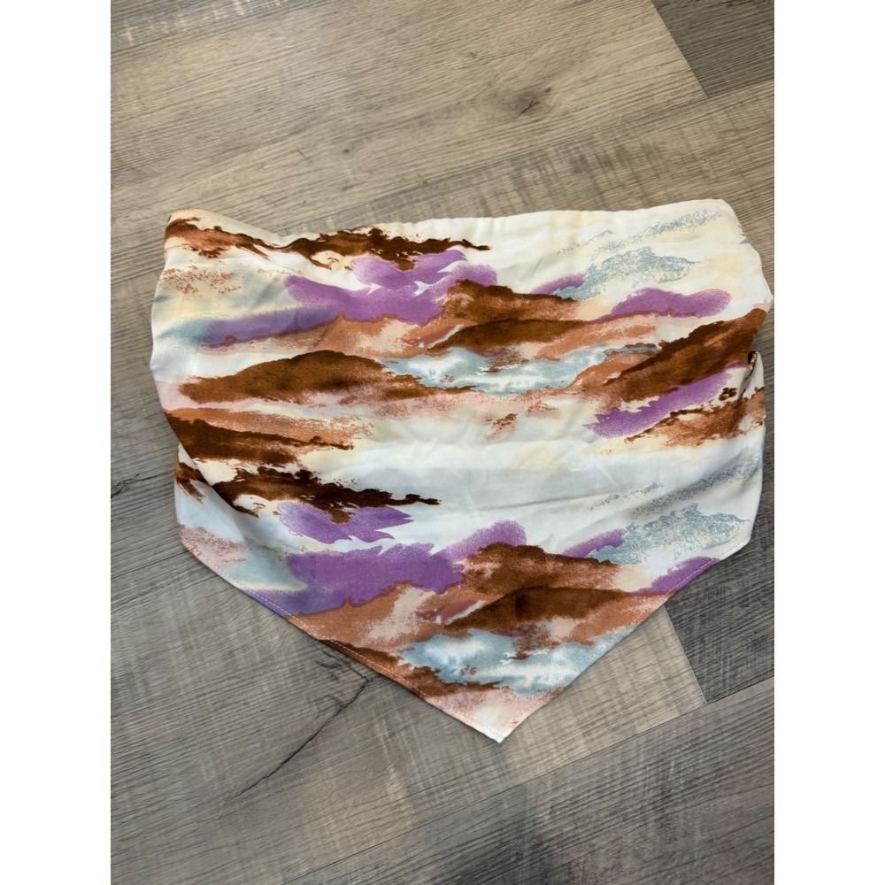 ACOA Smocked Scarf Hem Tube Top - Blue, Purple & Rust Abstract Print‎ - Size S